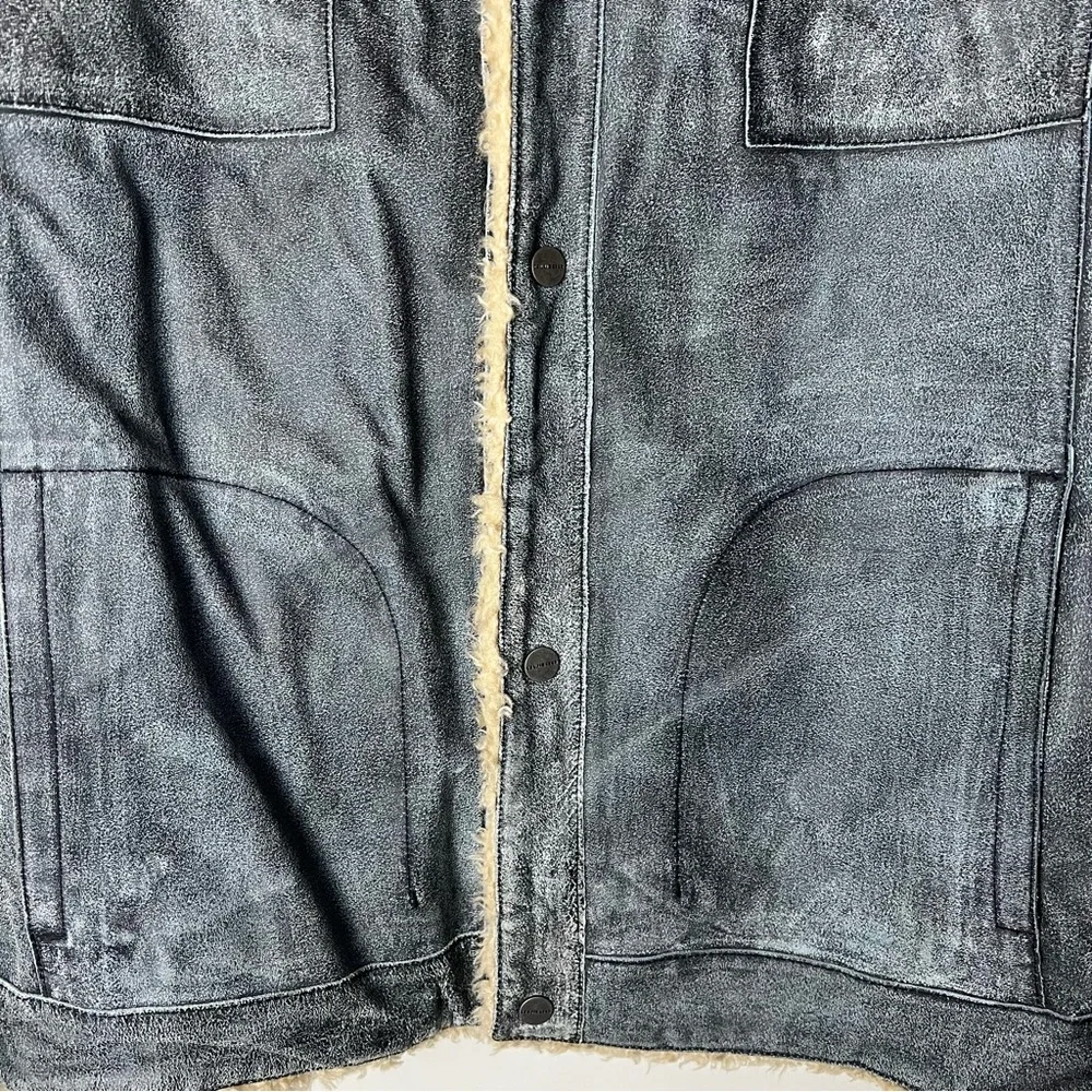 Guess Men’s Vintage Leather Sherpa Lined Trucker Jacket Distressed Gray Y2K Sz L